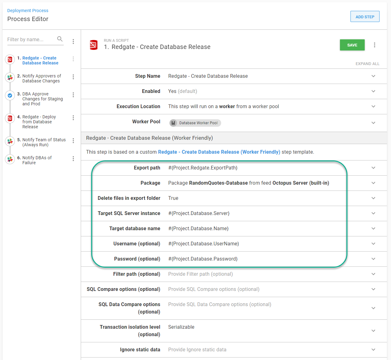 Create Database Release screen