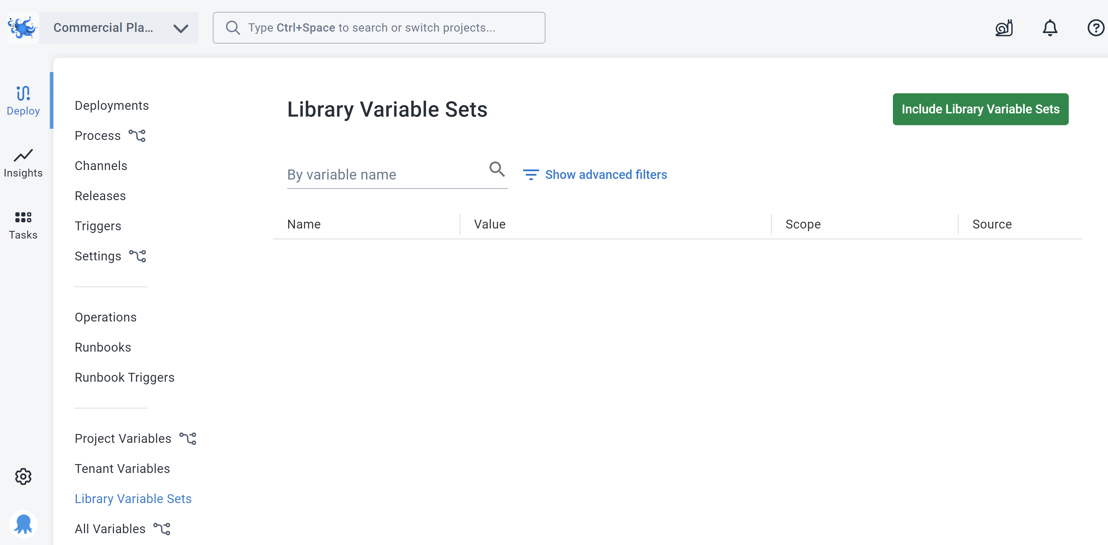 Octopus Deploy Variable Sets screen