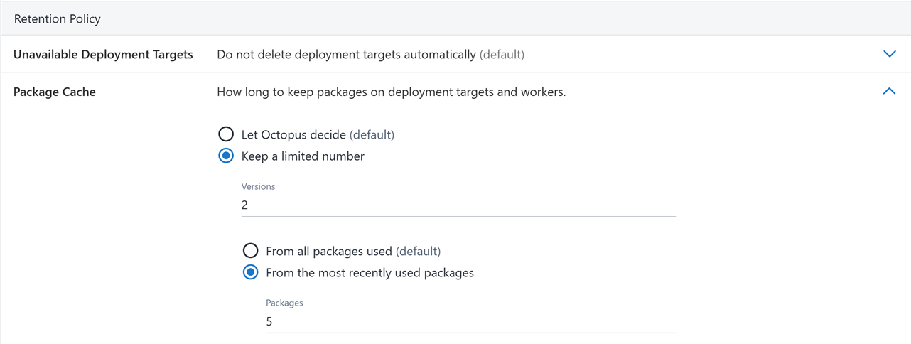 Package cache retention policy settings