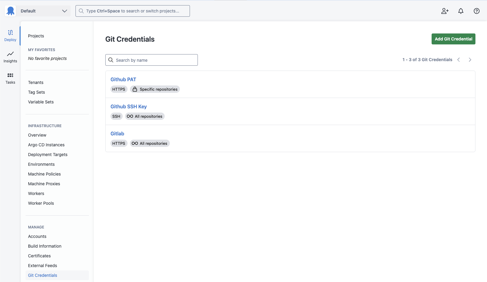 The Git credentials area of Octopus Deploy